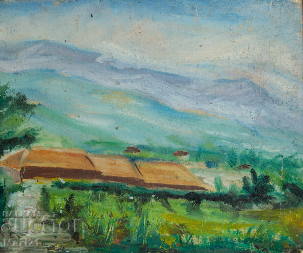 Стара картина маслени бои селски пейзаж - 6