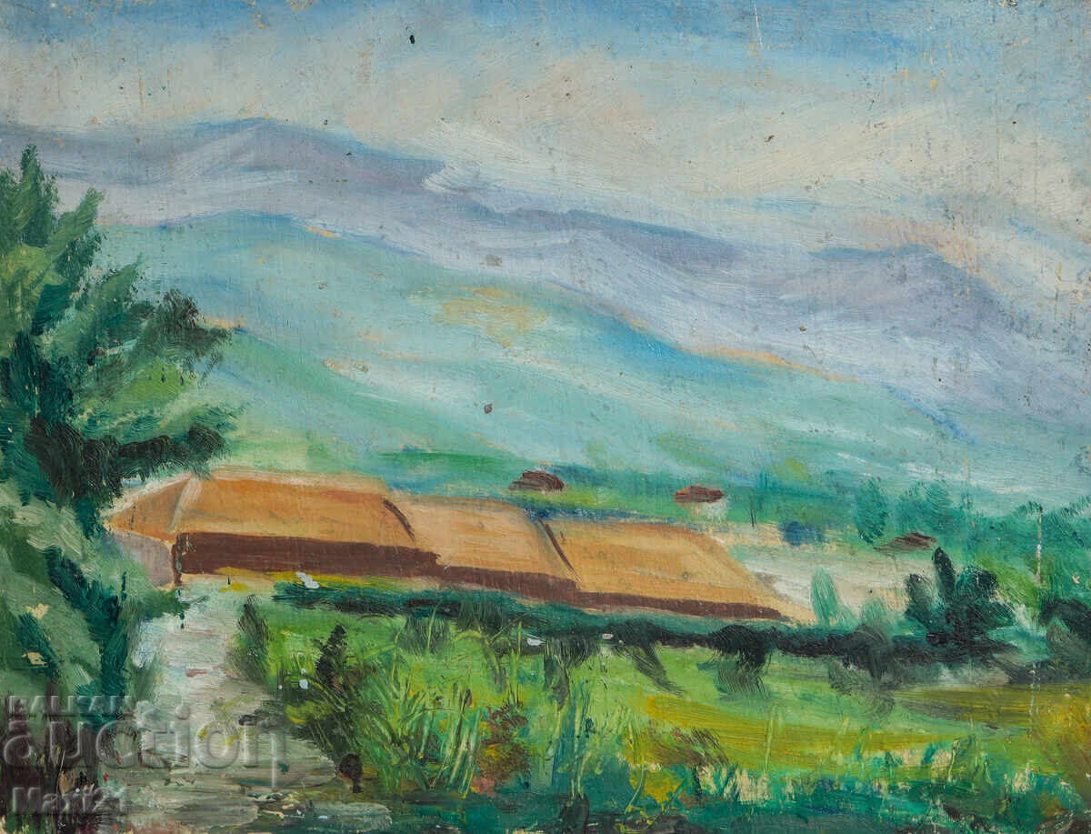 Стара картина маслени бои селски пейзаж