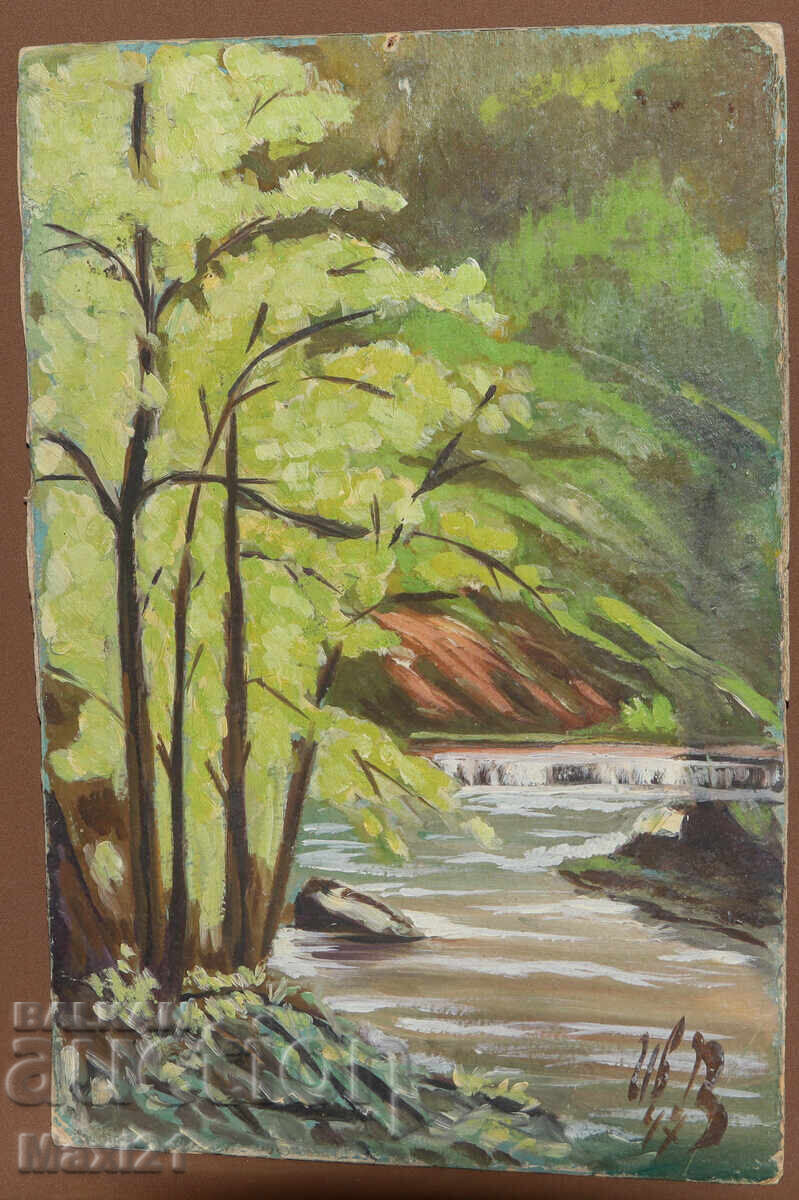 River landscape old painting oil paints 1947 with price 260.00 BGN | € 132.94