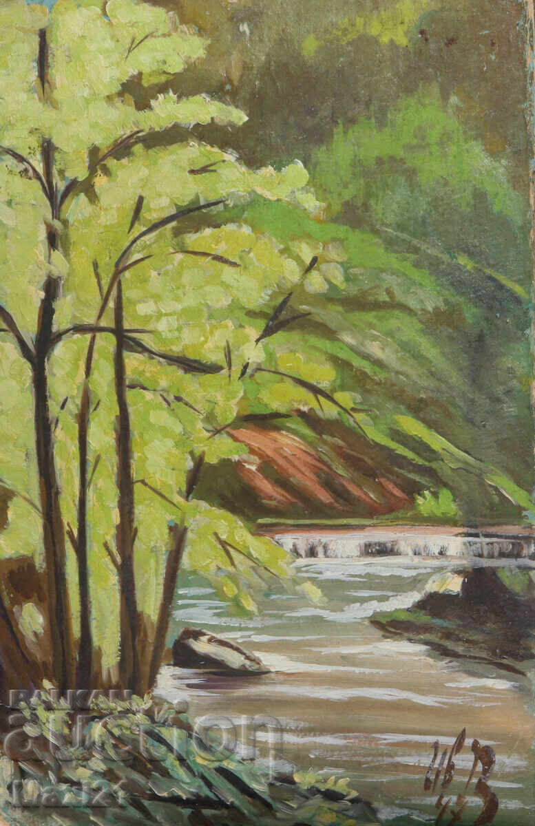 Auction  River landscape old painting oil paints 1947