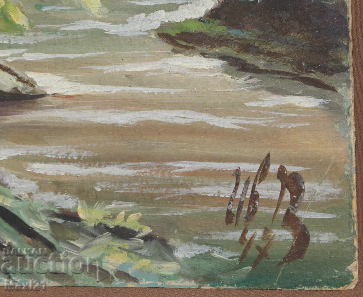 River landscape old painting oil paints 1947 - 6