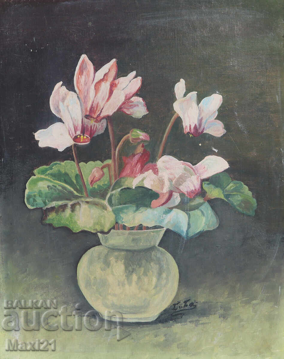 Auction  Still life vase with flowers painting oil paints, signed
