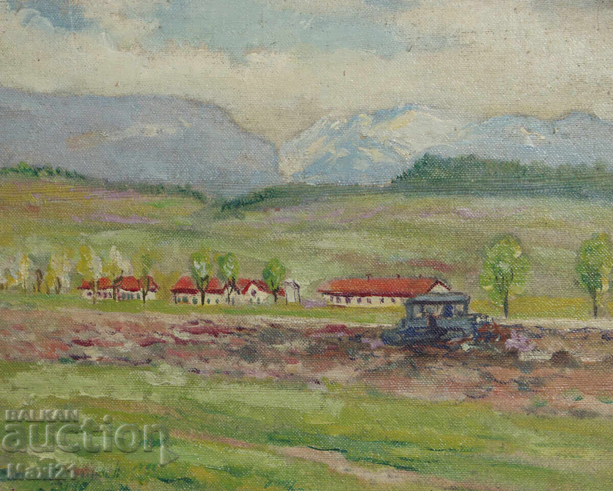 Peisaj rural, tablou vechi, ulei - 5