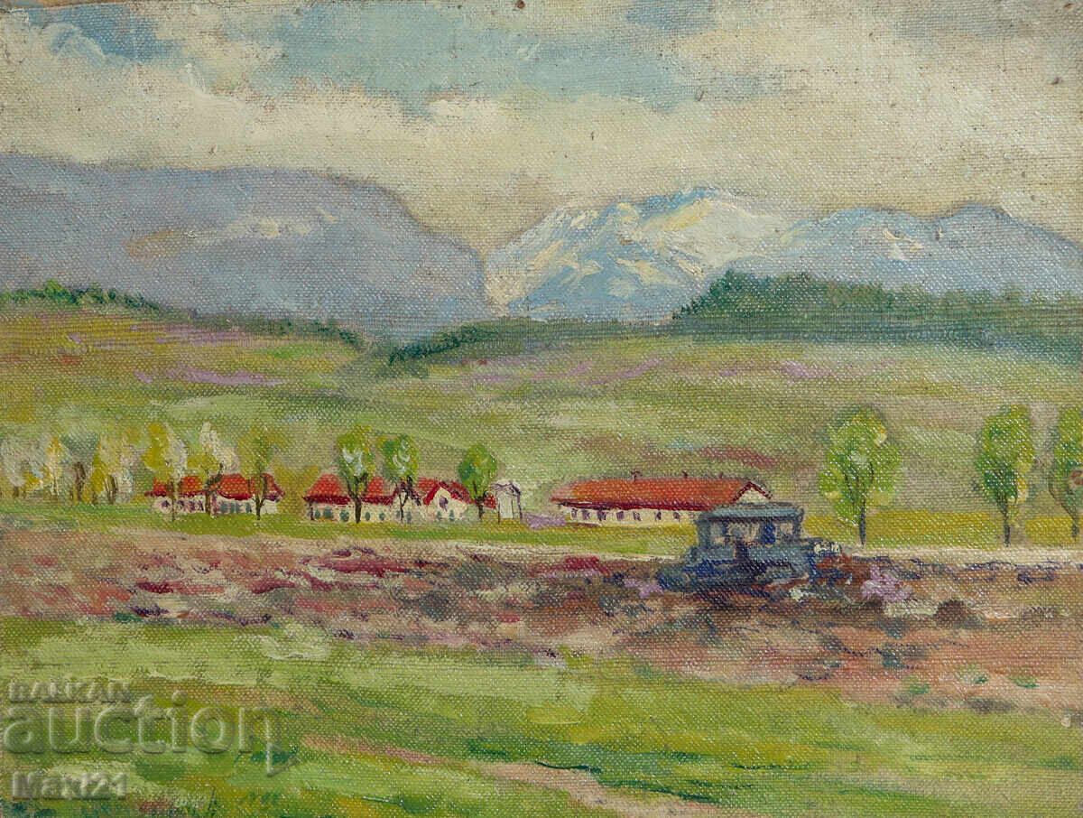 Peisaj rural, tablou vechi, ulei