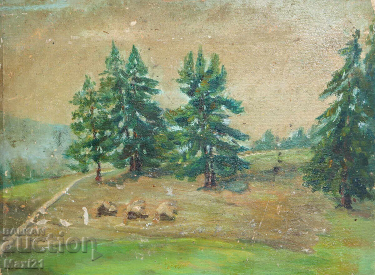 Ορεινό τοπίο παλιός πίνακας ελαιογραφίας