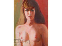 Old oil painting, female portrait, nude body