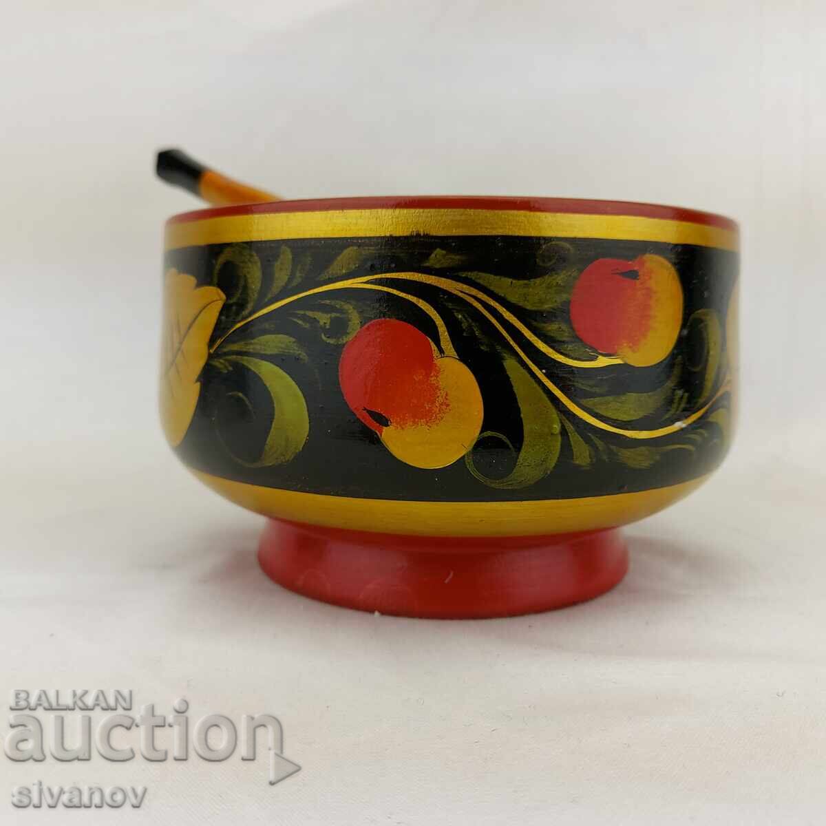 Аукцион Стара ръчно рисувана дървена купа  хохлома с лъжица #2690