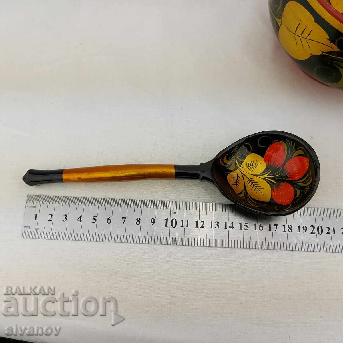 Стара ръчно рисувана дървена купа  хохлома с лъжица #2690 - 5