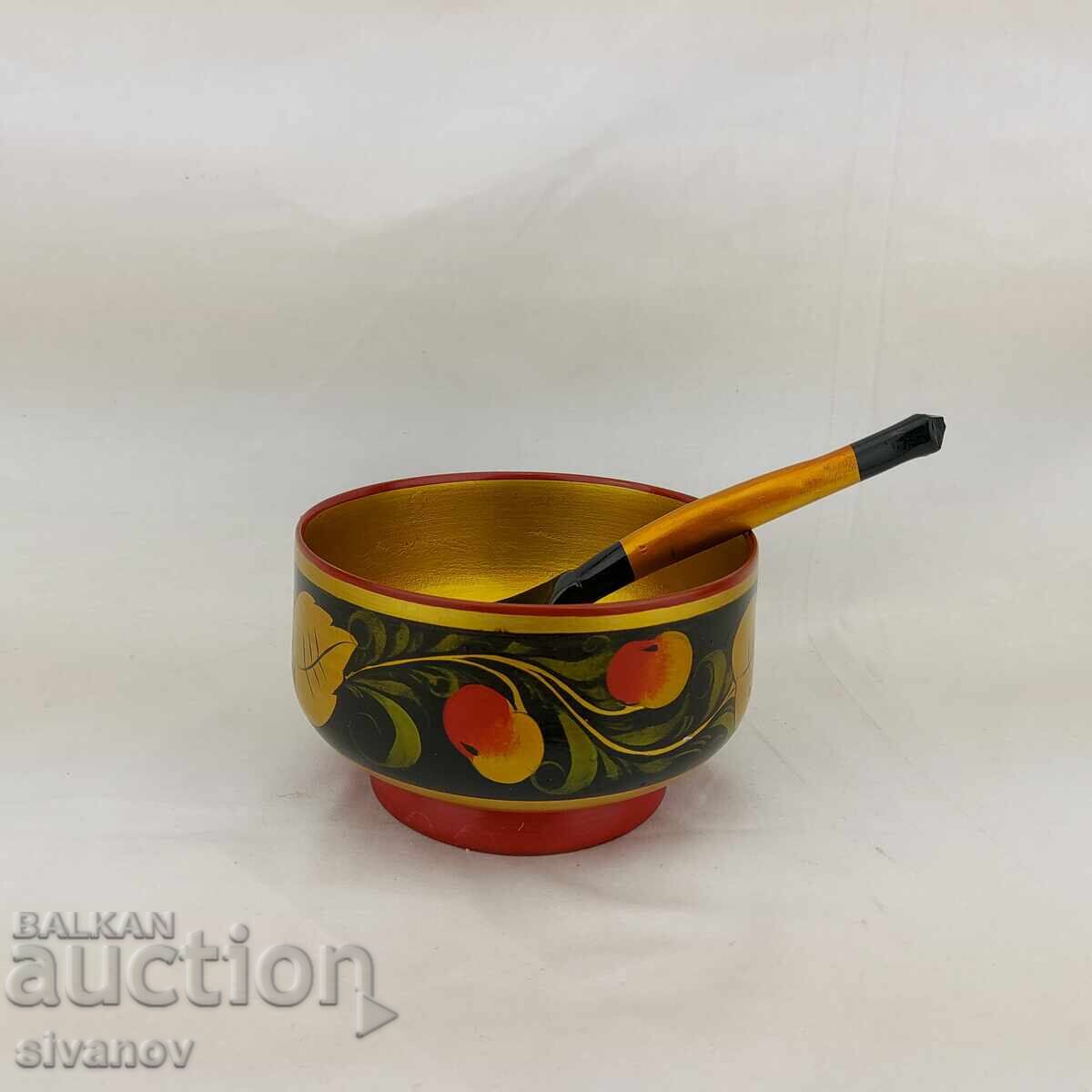 Стара ръчно рисувана дървена купа  хохлома с лъжица #2690