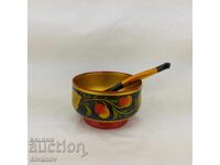 Vechi castron de lemn pictat manual Hohloma cu lingură #2690