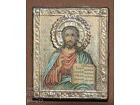 Veche icoană miniatură Iisus Hristos Pantocrator, montură