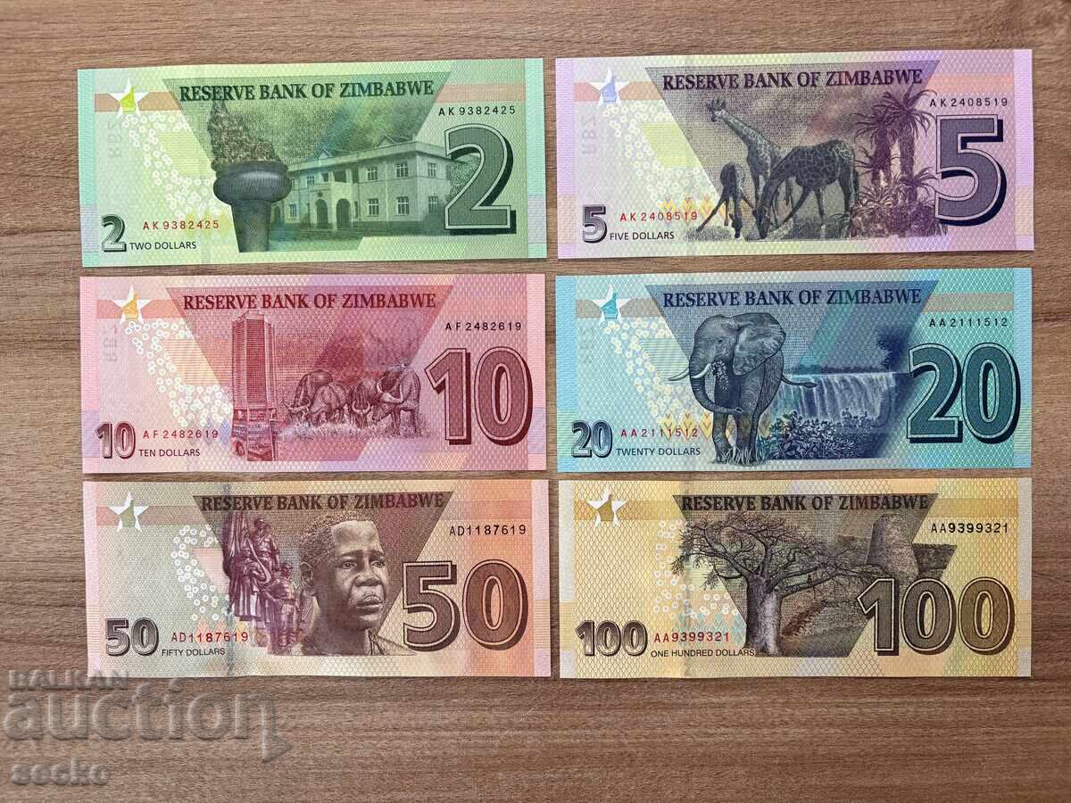 Lot de bancnote Zimbabwe 2-100 dolari (2019-2020) UNC cu preț 20.00 BGN | € 10.23