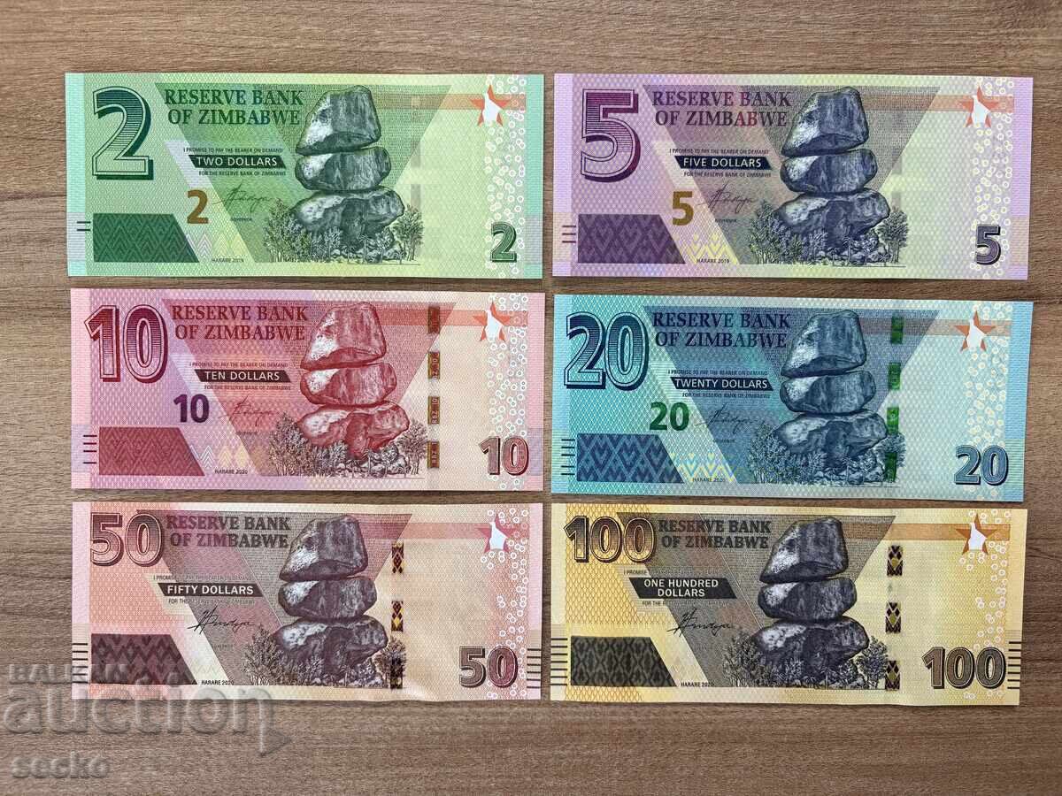 Lot de bancnote Zimbabwe 2-100 dolari (2019-2020) UNC