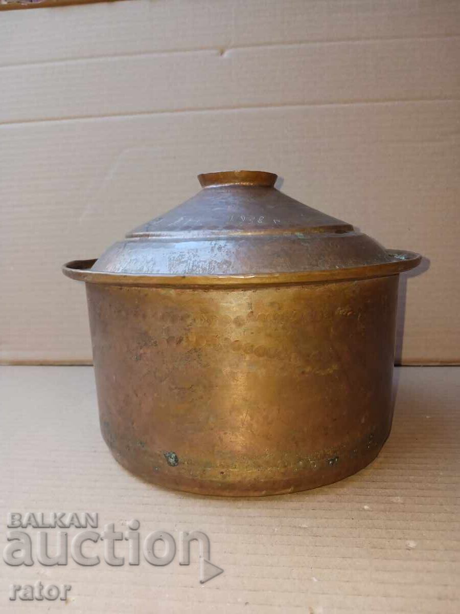 Oală veche de cupru, din aramă, datată - 1938