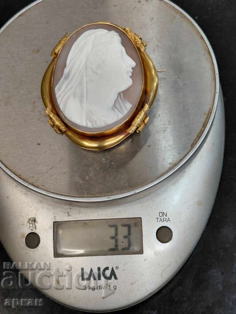 GOLD 18 karat with hand-carved cameo brooch old - 33 gr - 7