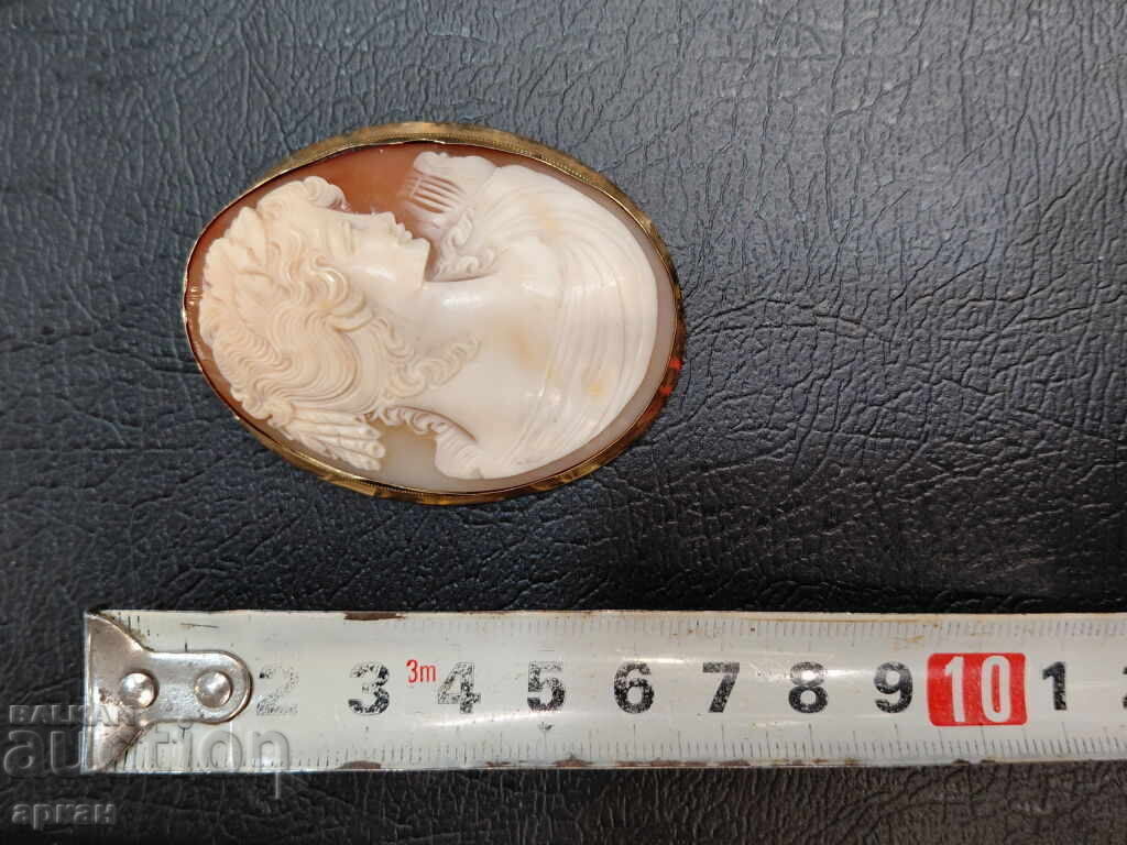 Златна 18 карата  с ръчно резбована камея брошка стара-19 гр - 5
