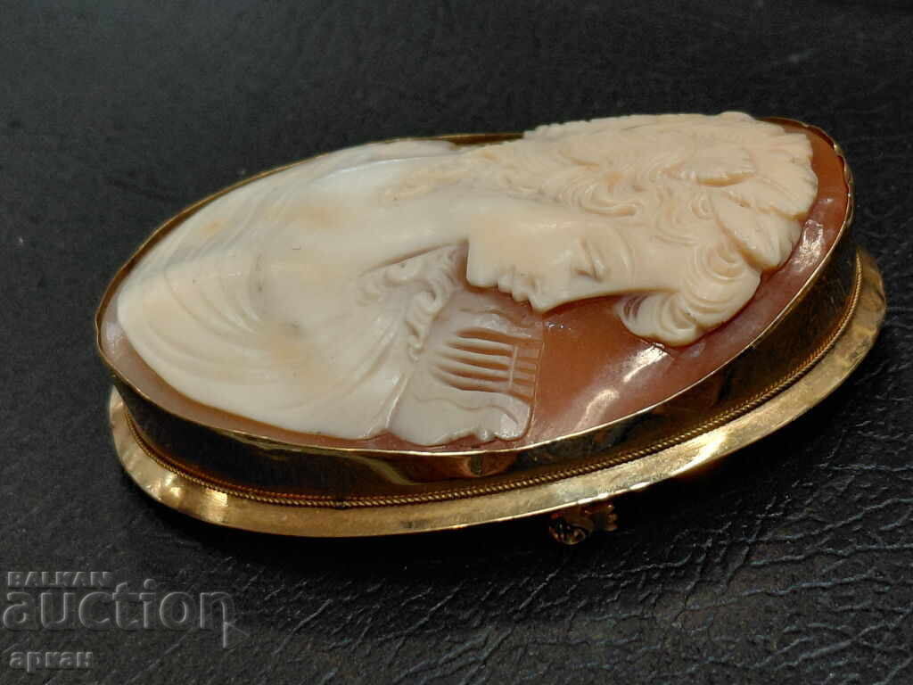 Златна 18 карата  с ръчно резбована камея брошка стара-19 гр - 7