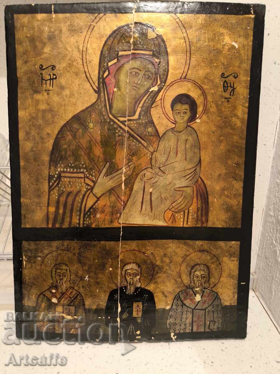 Old icon - Virgin Mary with the Child and three saints Old icon - Virgin Mary with the Child and three saints
