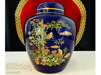 Urnă, borcan, vază, porțelan japonez, aur, cobalt, potârnichi