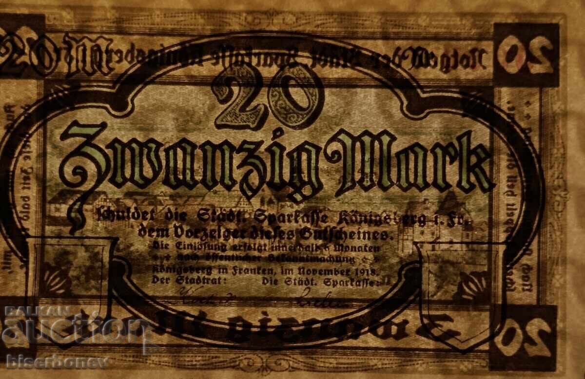 Auction  Germany, Königsberg 20 Mark 1918, UNC