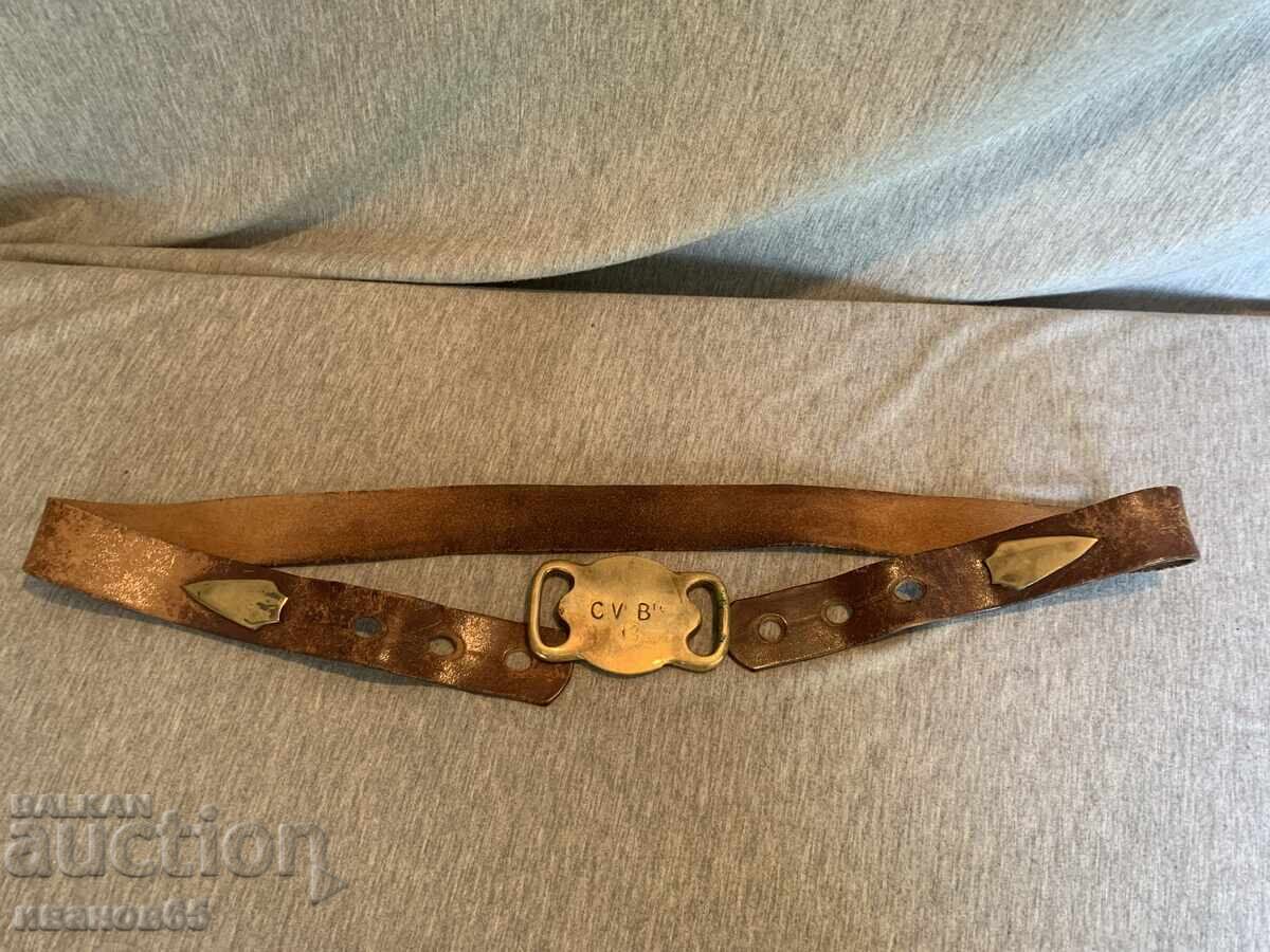 Old leather belt with brass buckle and decorations - 5