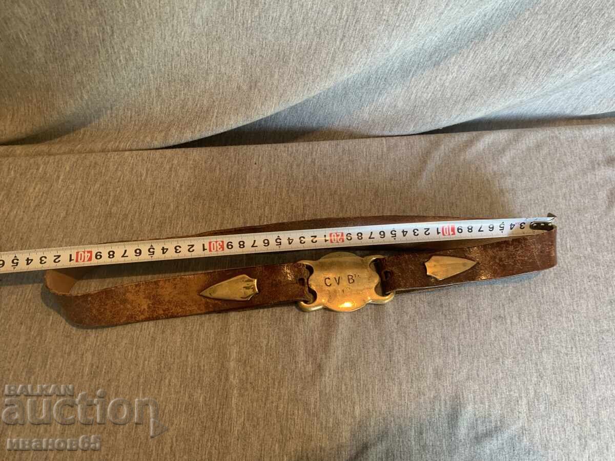 Old leather belt with brass buckle and decorations - 6