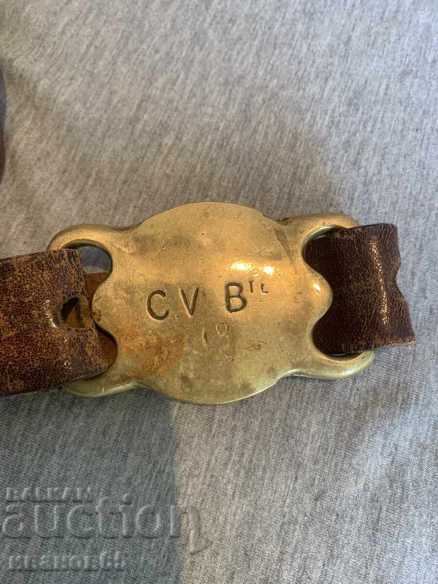 Old leather belt with brass buckle and decorations - 7