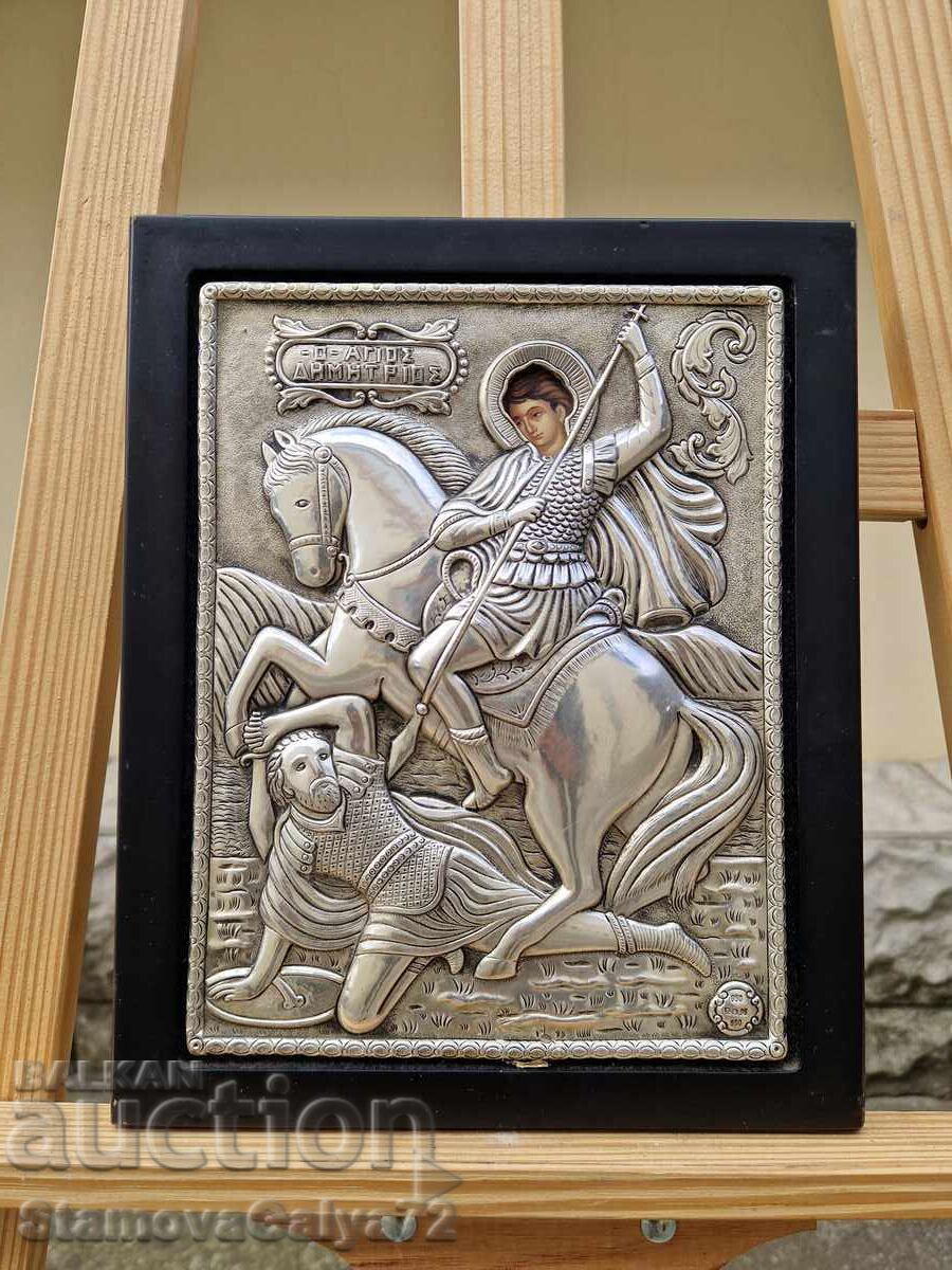 Beautiful antique silver icon of Saint Demetrius with price 120.00 BGN | € 61.36 Beautiful antique silver icon of Saint Demetrius with price 120.00 BGN | € 61.36