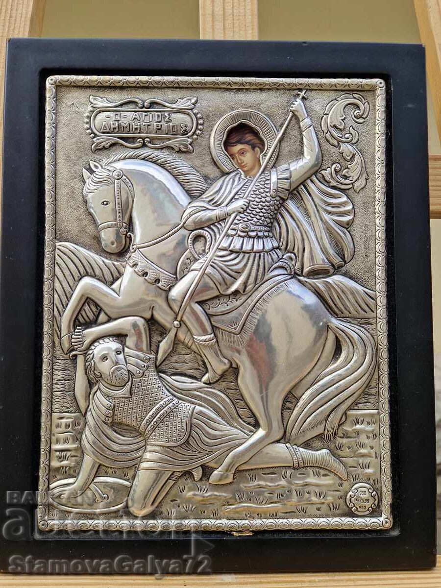 Auction Beautiful antique silver icon of Saint Demetrius Auction Beautiful antique silver icon of Saint Demetrius