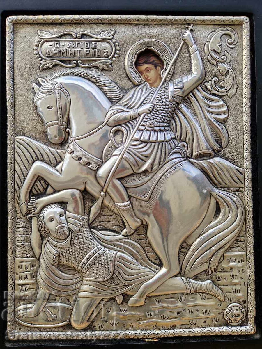 Delivery of Beautiful antique silver icon of Saint Demetrius Delivery of Beautiful antique silver icon of Saint Demetrius