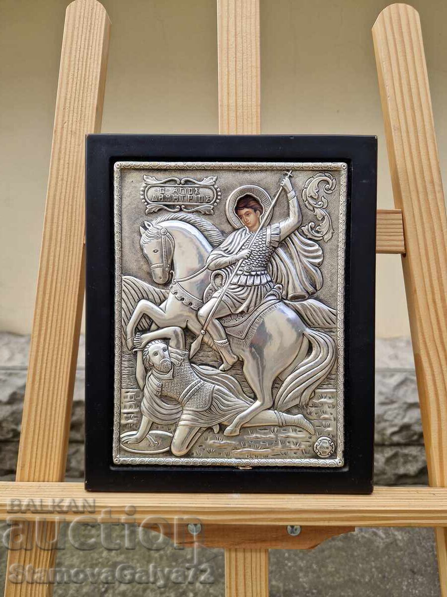 Beautiful antique silver icon of Saint Demetrius Beautiful antique silver icon of Saint Demetrius