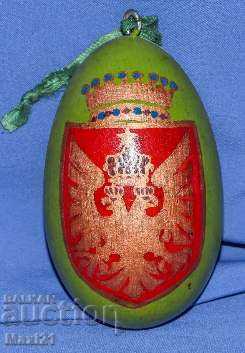 Αντίκα χειροποίητο ξύλινο αυγό με ζωγραφισμένο δικέφαλο αετό