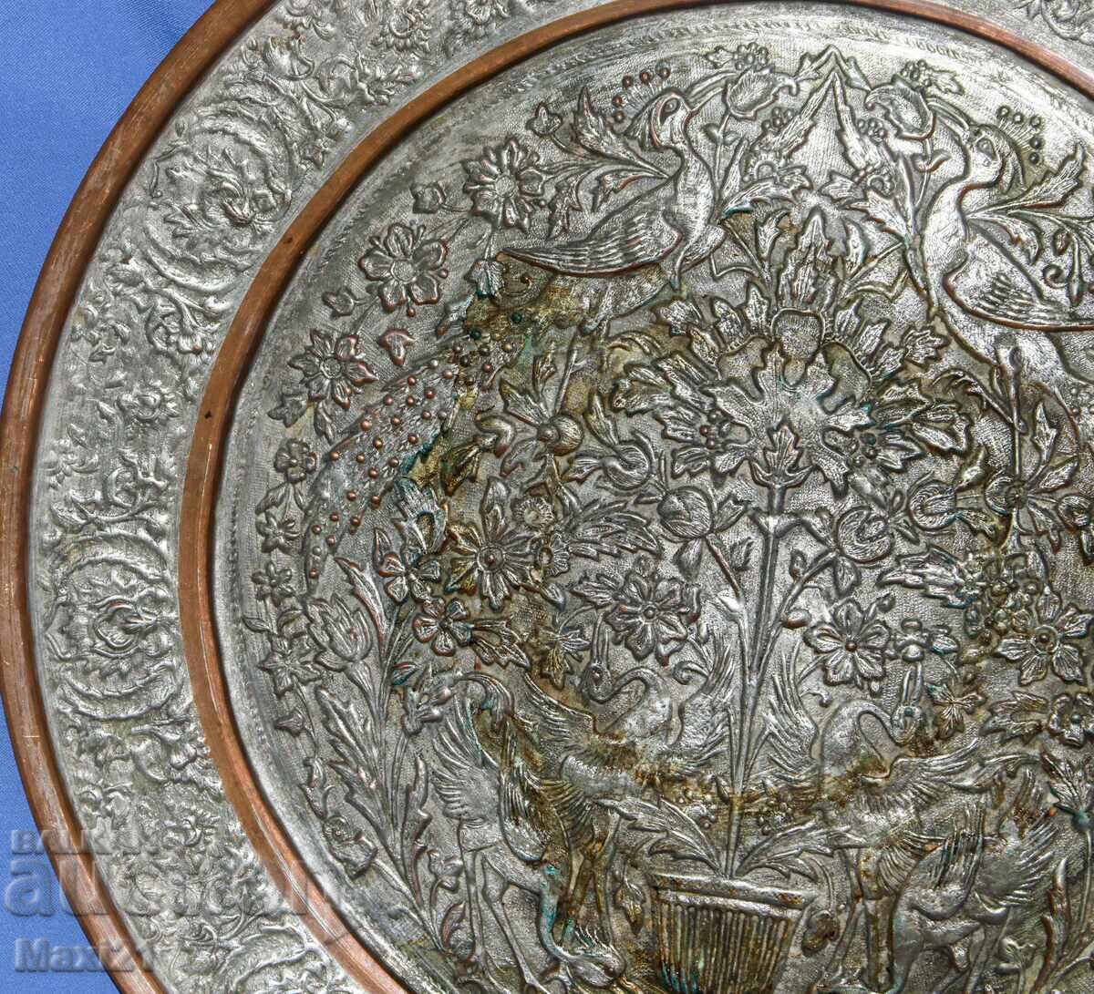 Голям старинен декоративен поднос мед - 6