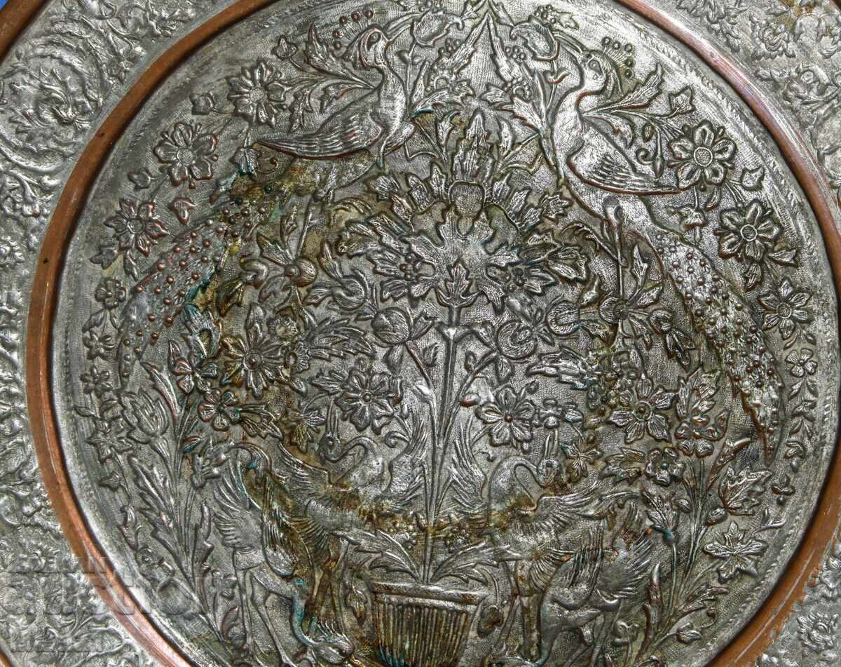 Голям старинен декоративен поднос мед - 7