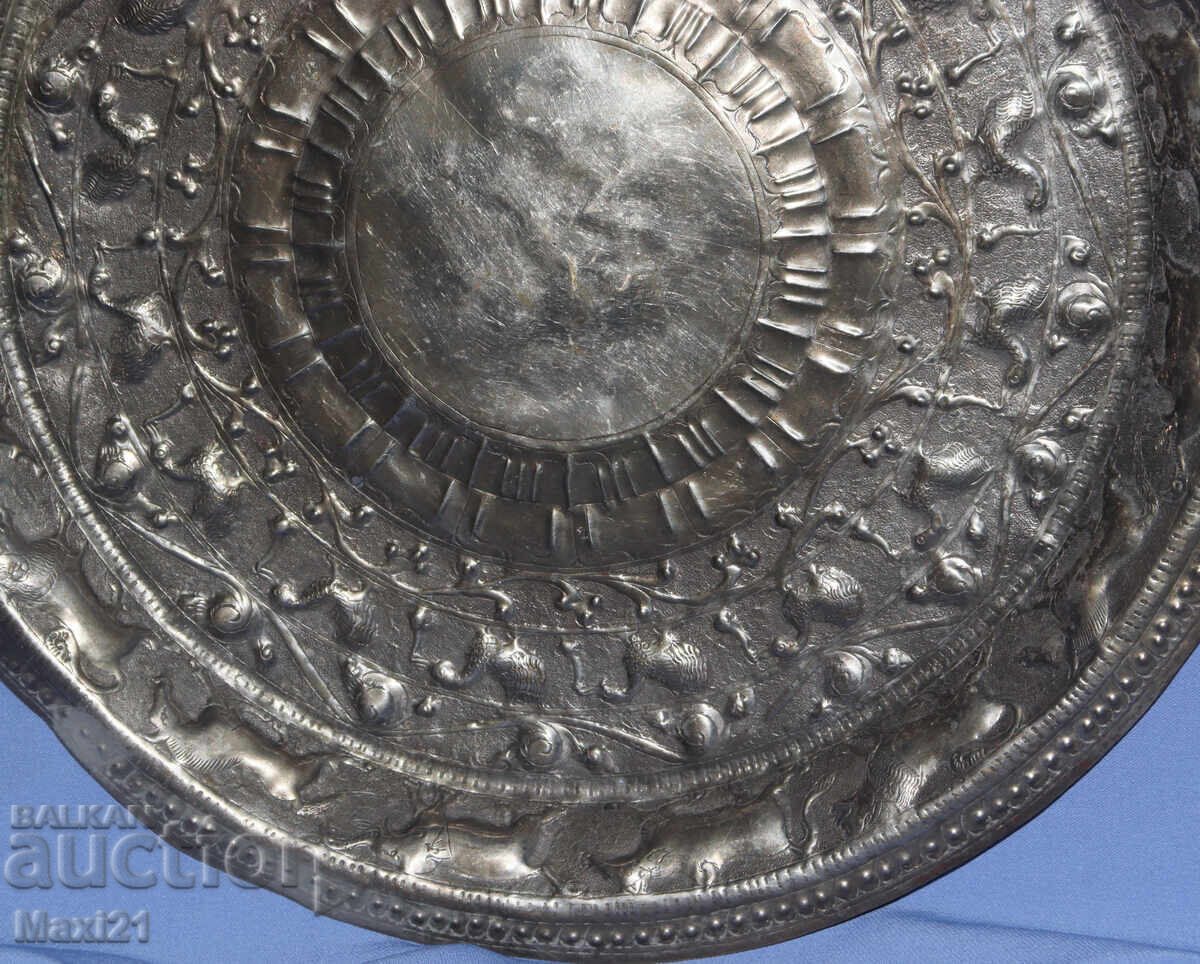 Mare tavă decorativă argintată veche, cu panou - 5