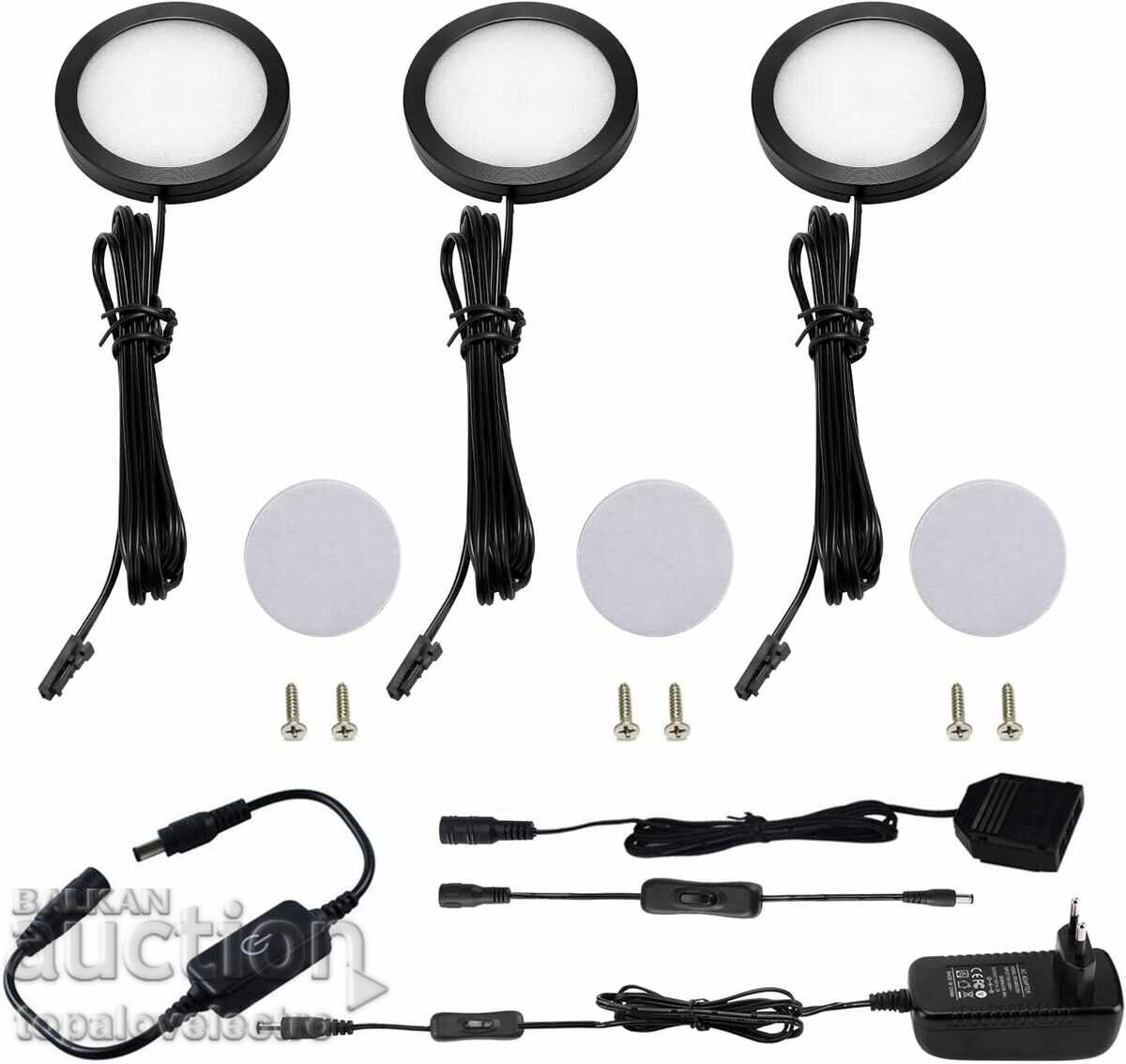 Set of 3 LED cabinet spotlights with dimmer and switch