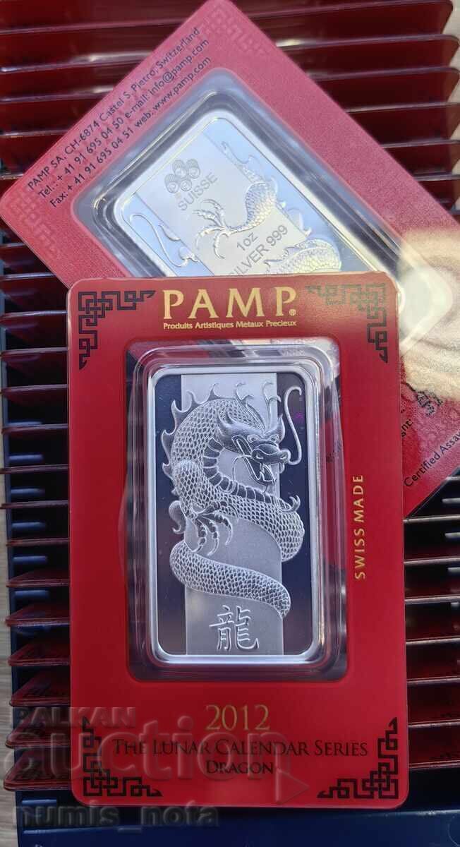 1 oz. PAMP - Silver Lunar Bar - Year of the Dragon 2012
