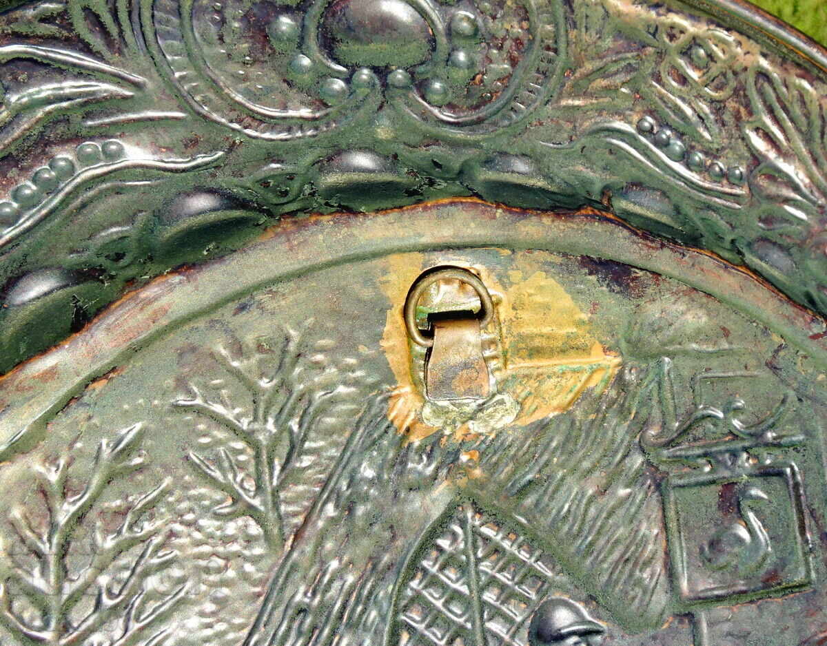 Panou de cupru, farfurie cu scenă de vânătoare în relief, călăreți, câini - 6 Panou de cupru, farfurie cu scenă de vânătoare în relief, călăreți, câini - 6