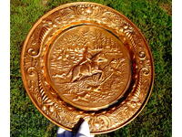 Panou de cupru, farfurie cu scenă de vânătoare în relief Vânătoare de vulpi