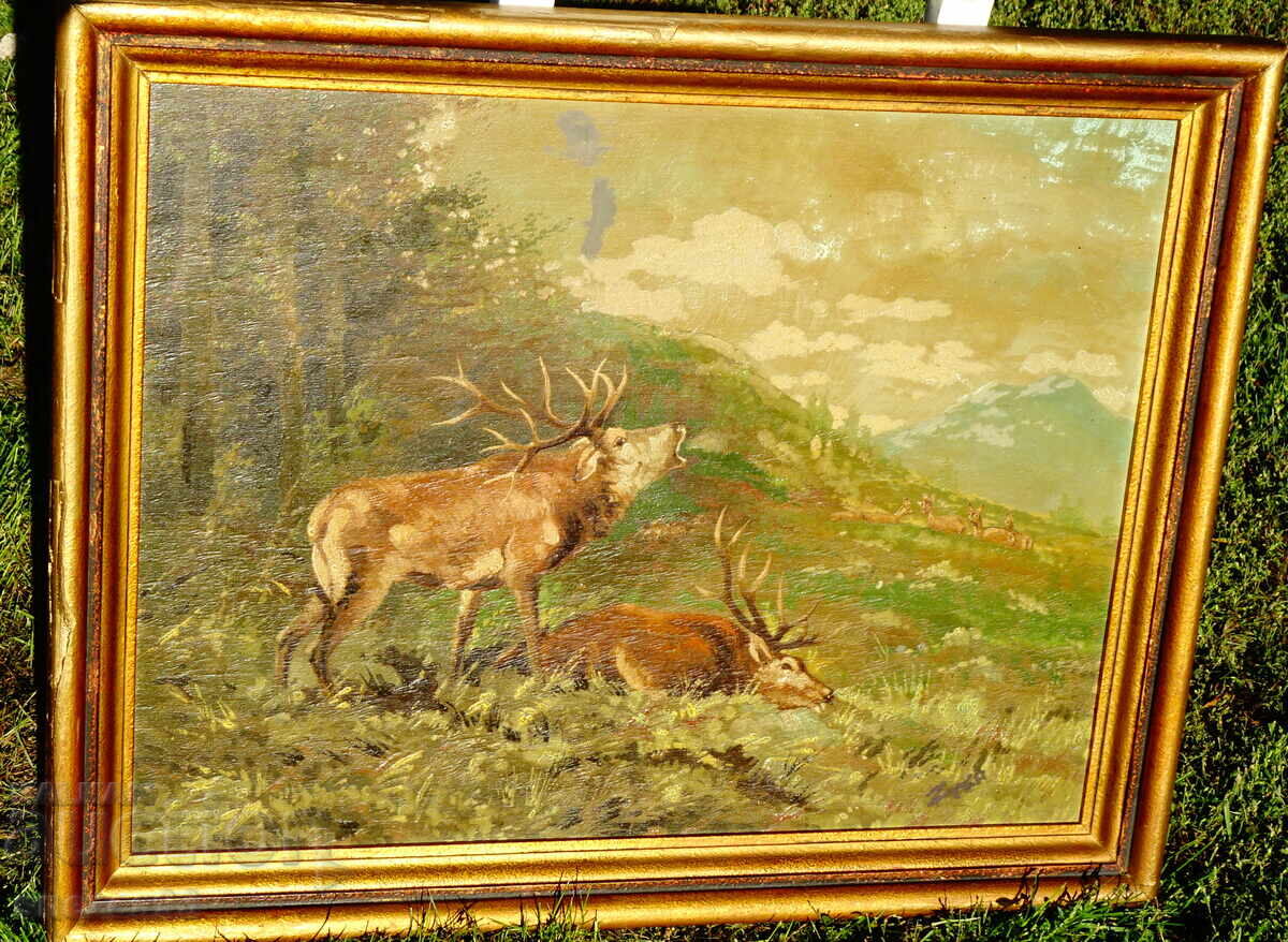 Veche pictură în ulei, Cerb, Căprioare, Câștigător, Semnătură