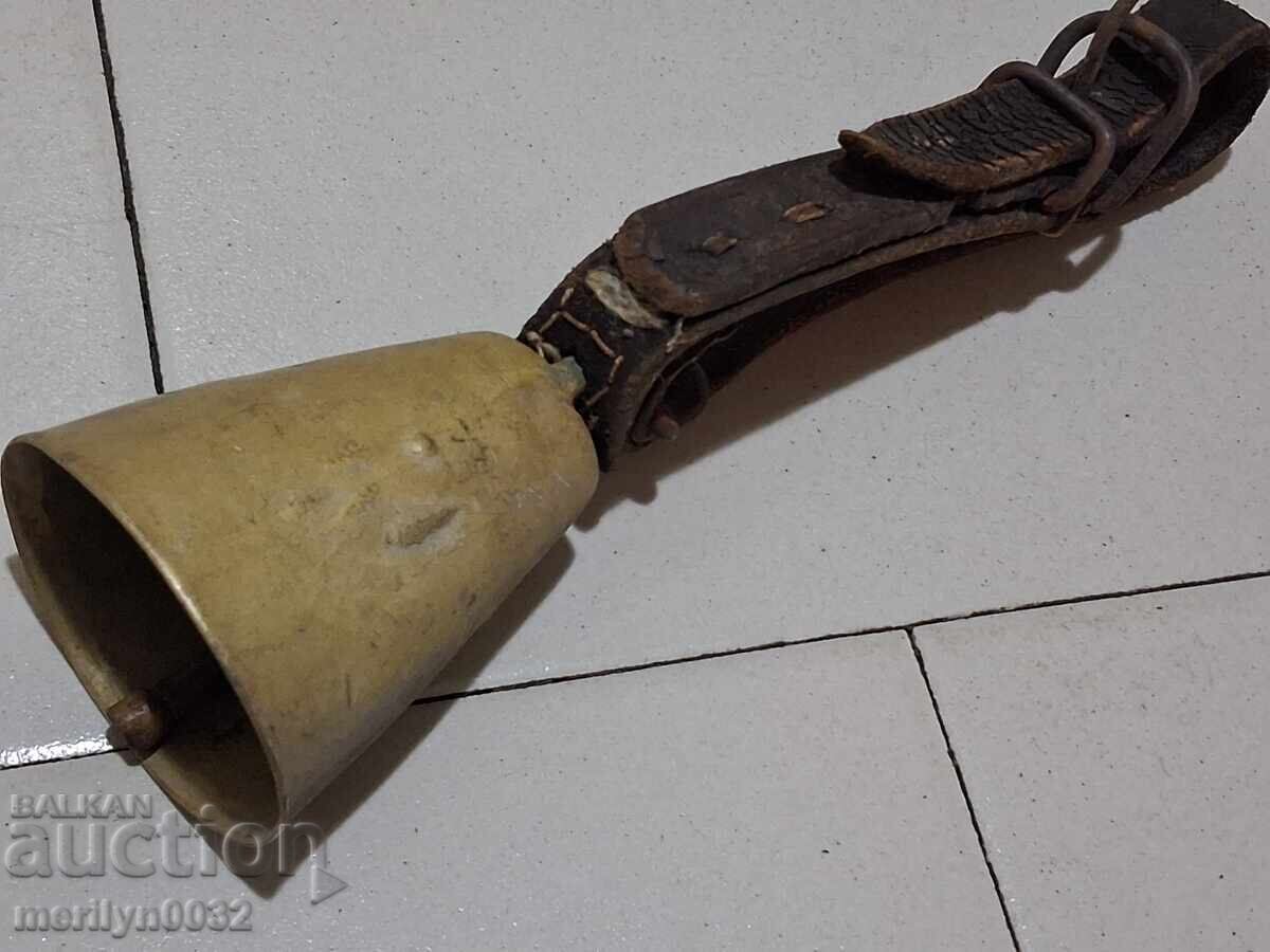 Old bronze cauldron with a strap, neck strap, clapper, bell - 6