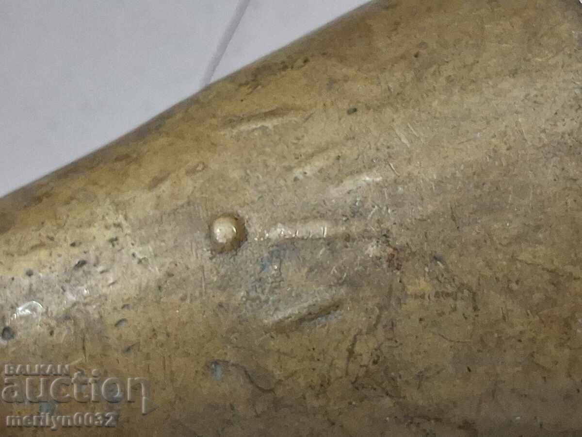 Old bronze cauldron with a strap, neck strap, clapper, bell - 7