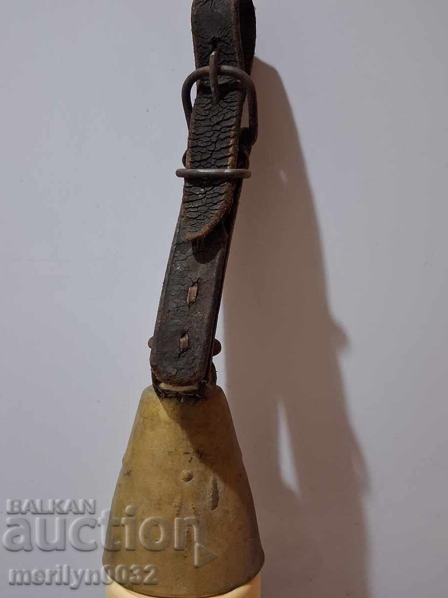 Old bronze cauldron with a strap, neck strap, clapper, bell