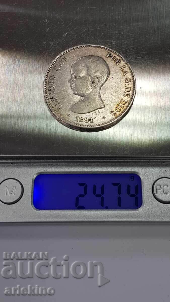 Rare silver coin 5 pesetas 1891 - 5 Rare silver coin 5 pesetas 1891 - 5