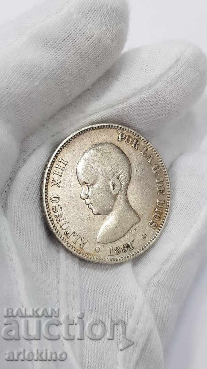 Rare silver coin 5 pesetas 1891 - 6 Rare silver coin 5 pesetas 1891 - 6