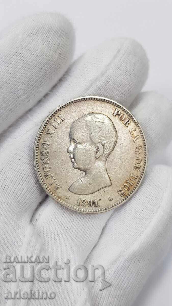 Rare silver coin 5 pesetas 1891 Rare silver coin 5 pesetas 1891