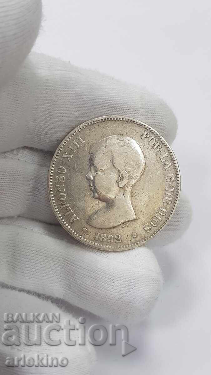 Rare silver coin 5 pesetas 1892 with price 70.00 BGN | € 35.79 Rare silver coin 5 pesetas 1892 with price 70.00 BGN | € 35.79