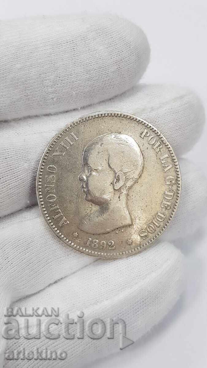 Rare silver coin 5 pesetas 1892 Rare silver coin 5 pesetas 1892