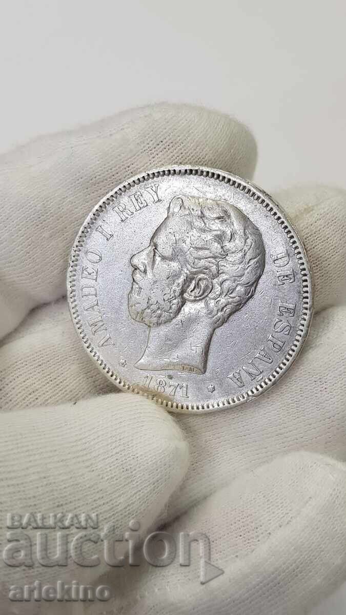 Rare silver coin 5 pesetas 1871 - 6 Rare silver coin 5 pesetas 1871 - 6