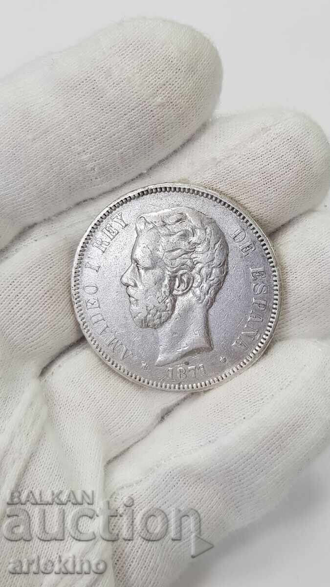 Rare silver coin 5 pesetas 1871 Rare silver coin 5 pesetas 1871